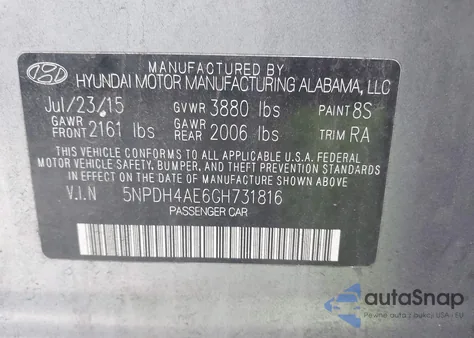 2016 Hyundai Elantra Se z USA, uszkodzony, nr VIN 5NPDH4AE6GH731816